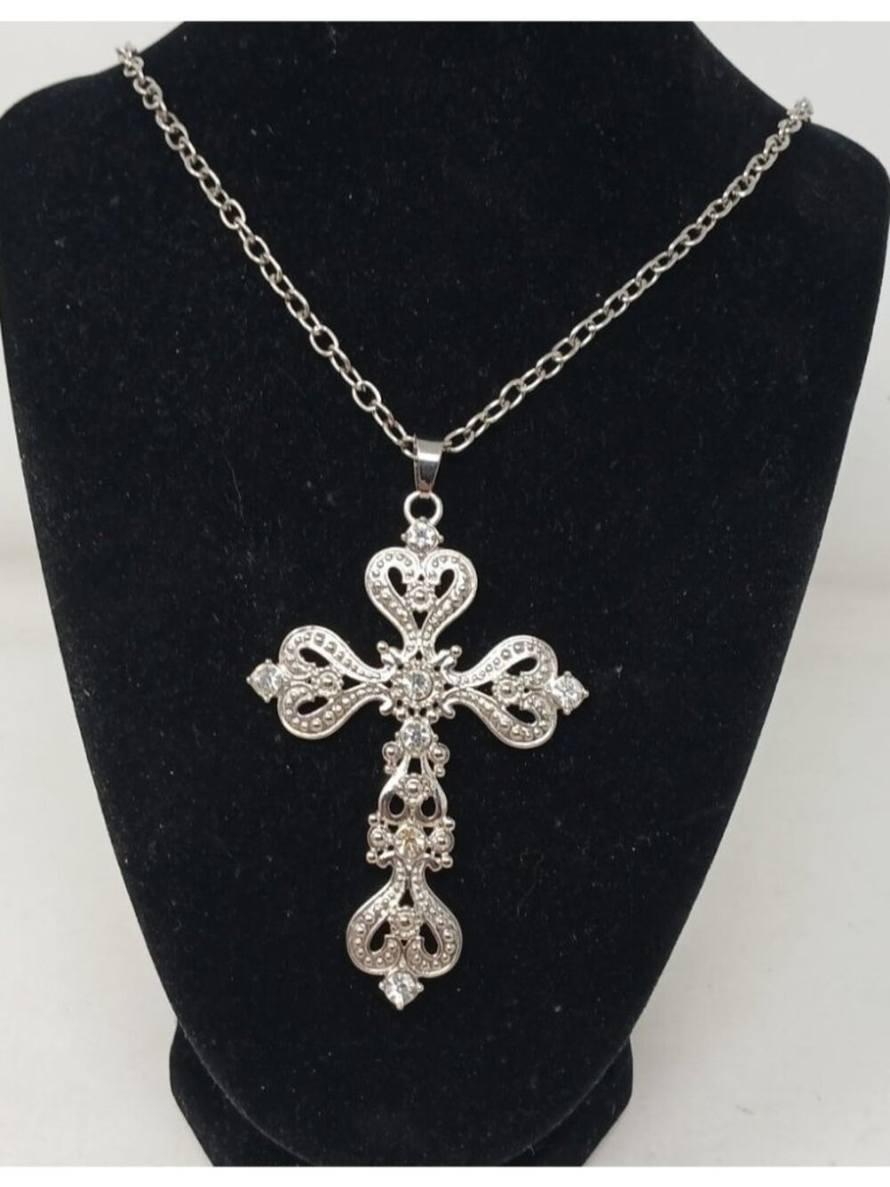 SilverTone Filigree Cross W/ Hearts Necklace Clear Rhinestones Statement 32" #J1